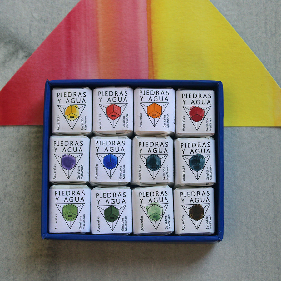 Piedras y agua - set arcoiris de 12 colores de acuarelas profesional en pastillas medio pan