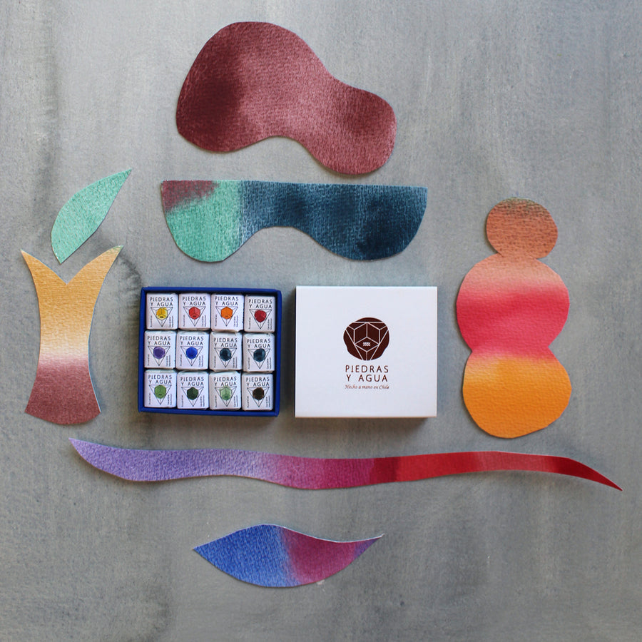 Piedras y agua - set arcoiris de 12 colores de acuarelas profesional en pastillas medio pan